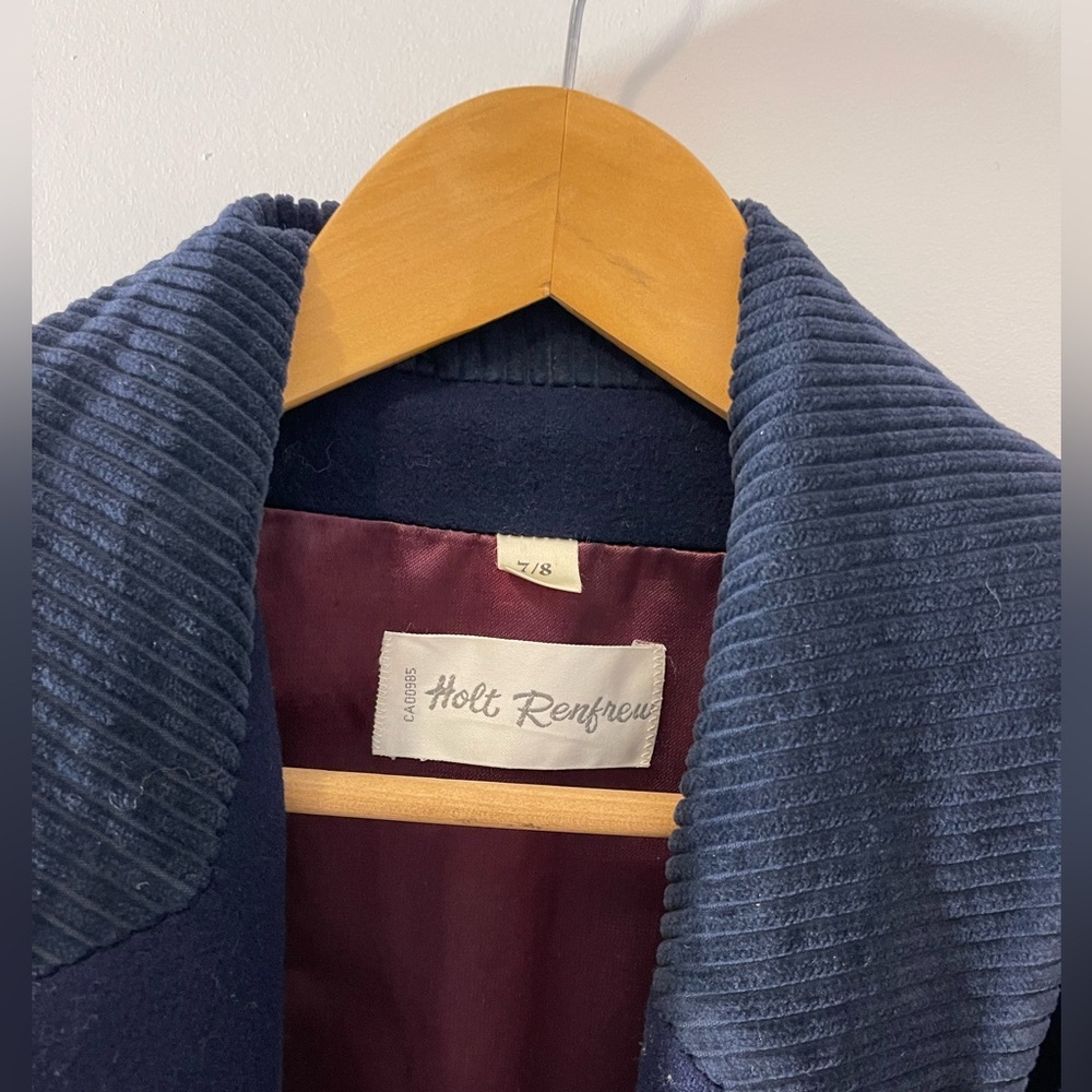✨Vintage✨ Holt Renfrew Navy Pea Coat with Corduroy Neckline size 7/8 - Picture 5 of 11